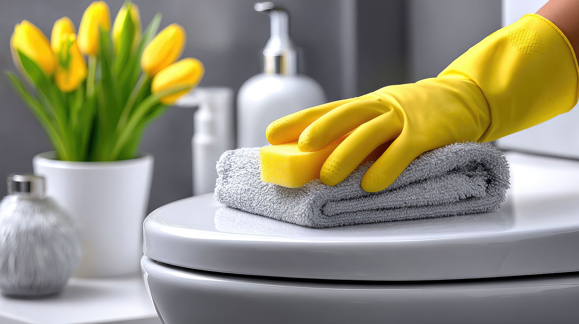 Person in yellow glove cleaning a toilet seat with a sponge and towel.