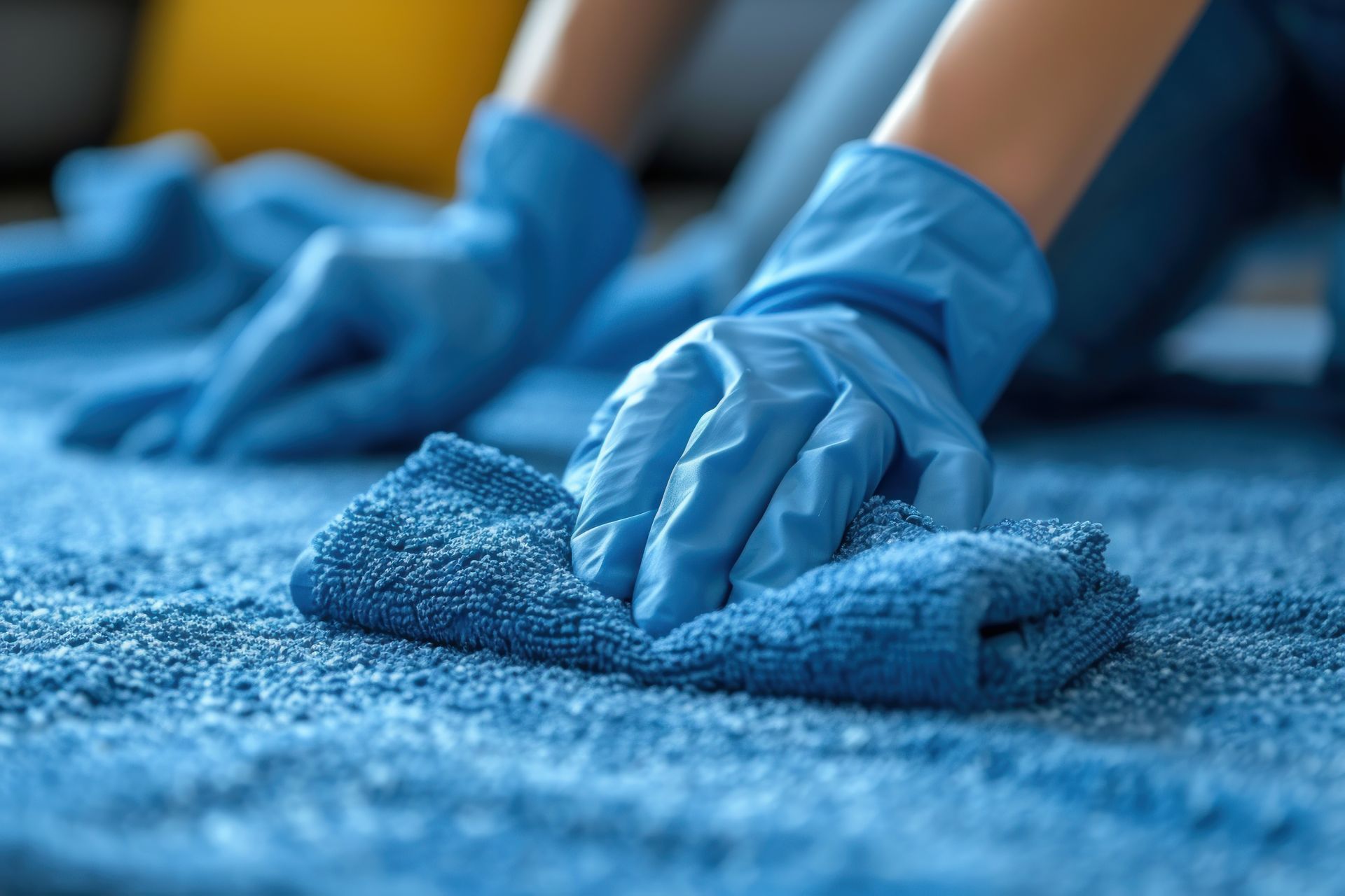 A person wearing blue gloves is cleaning a blue carpet with a cloth.