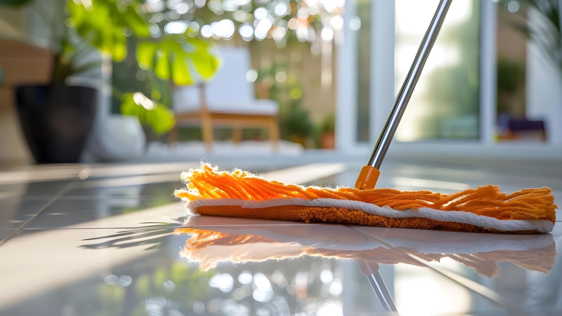 Orange mop cleaning a shiny, tiled floor indoors. Sunlight streams in the background.