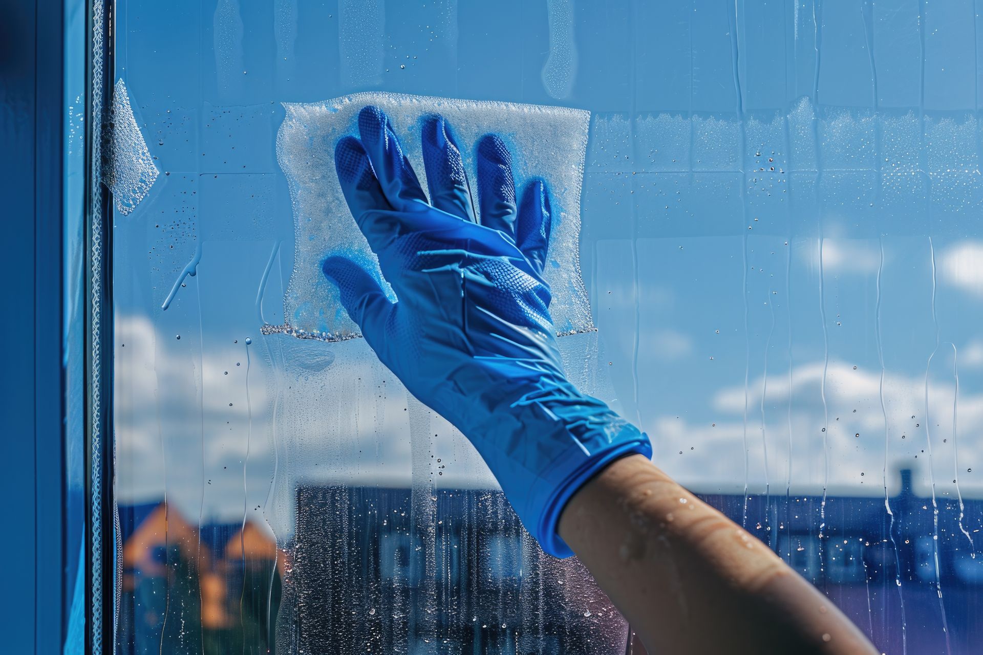A person wearing blue gloves is cleaning a window with a sponge.