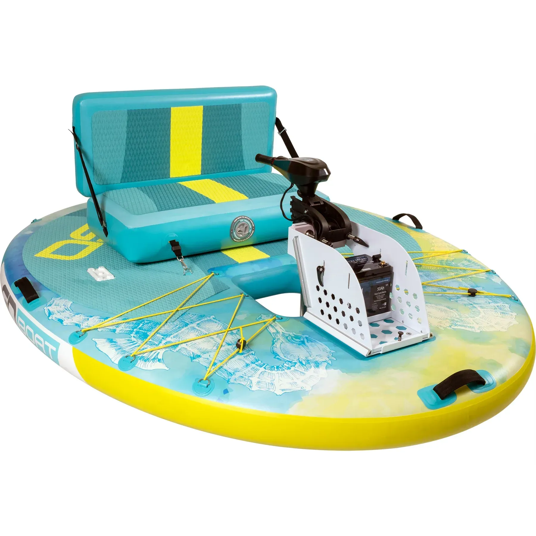 A blue and yellow inflatable boat with a motor attached to it.