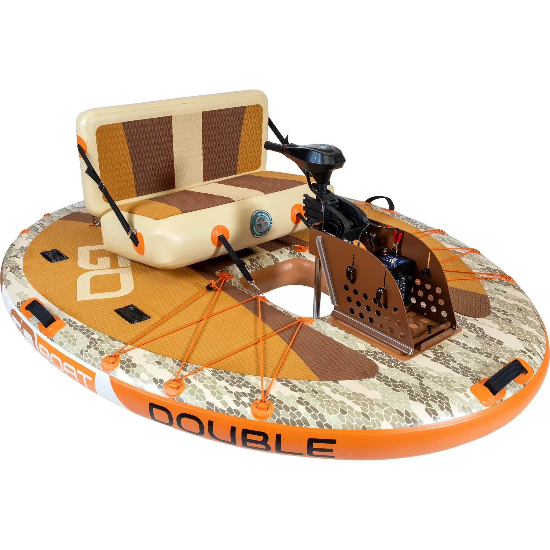 A double raft with a motor attached to it