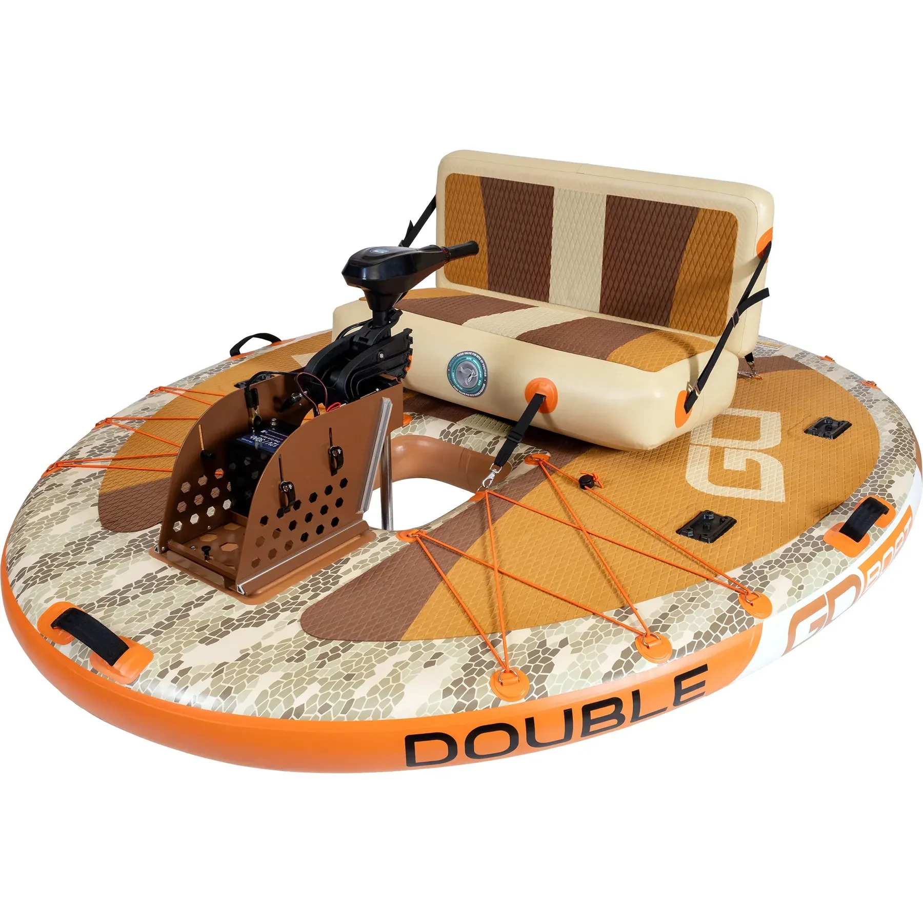 A double raft with a motor attached to it