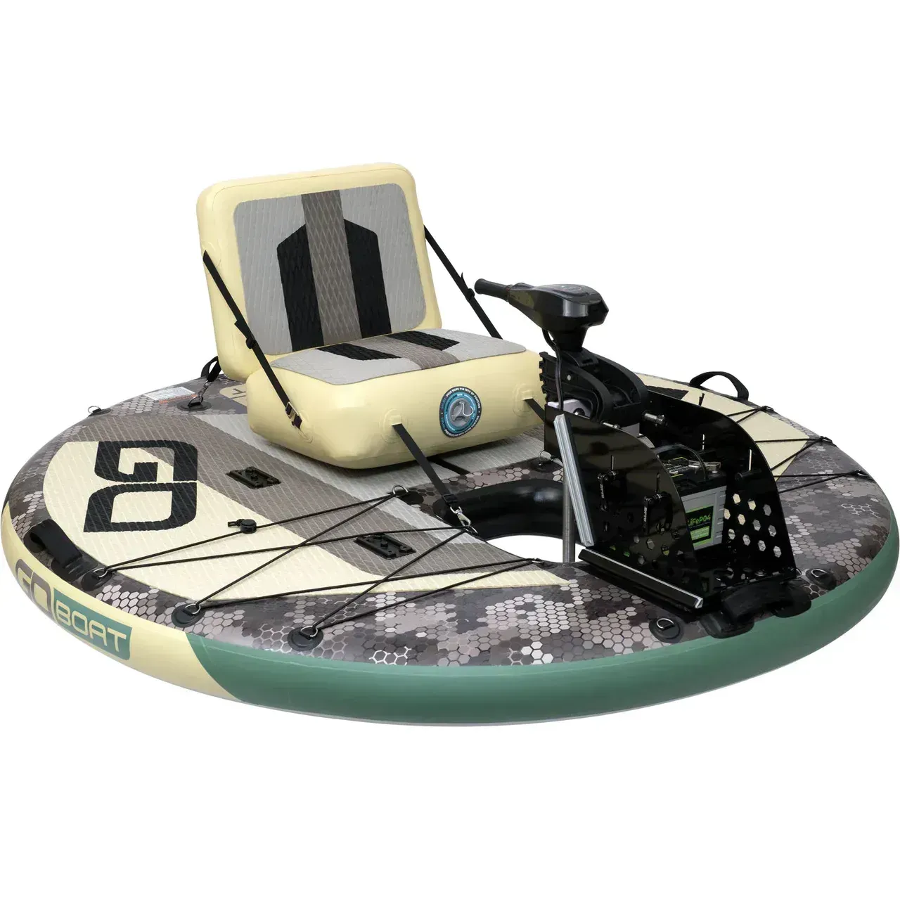 A blue and orange raft with a motor attached to it.