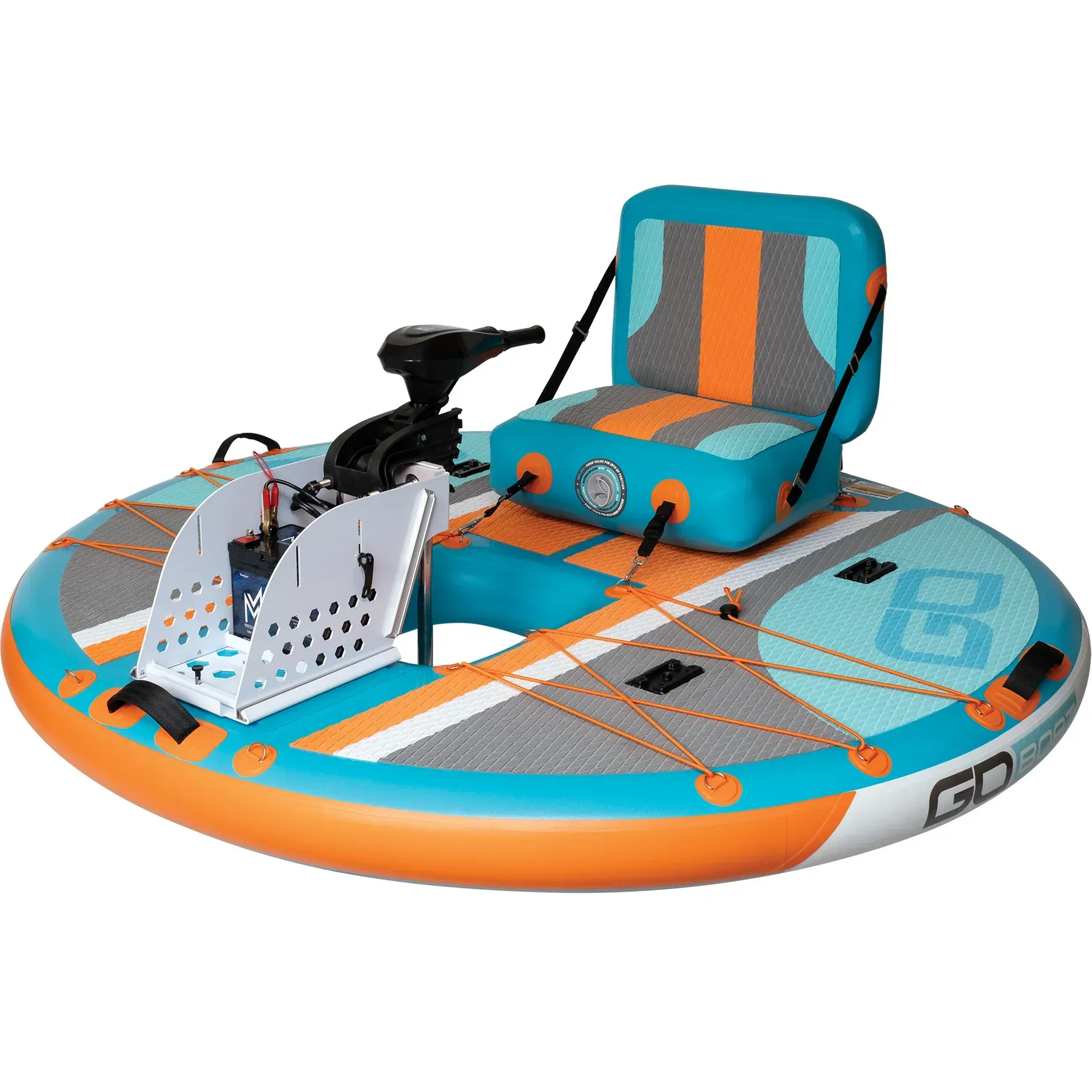 A blue and orange raft with a motor attached to it.