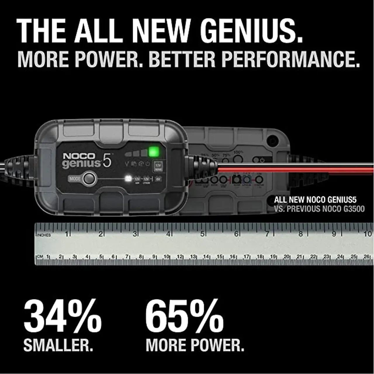 A picture of a noco genius 5 battery charger with a ruler next to it.
