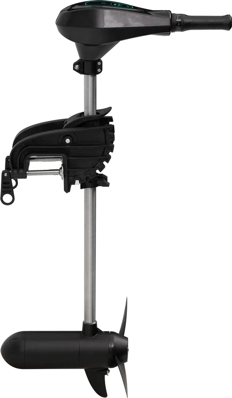 A close up of an electric outboard motor on a white background.