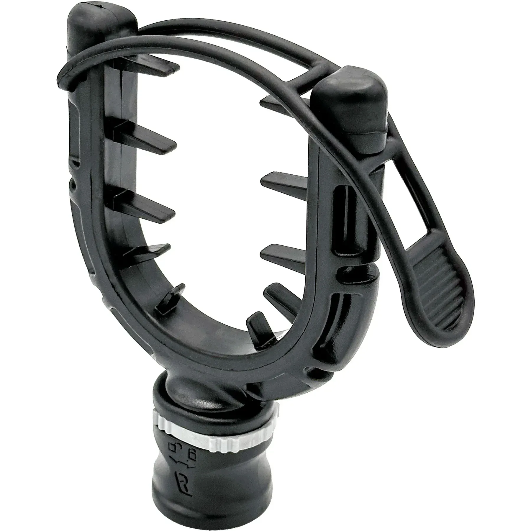 A close up of a black rubber clamp on a white background