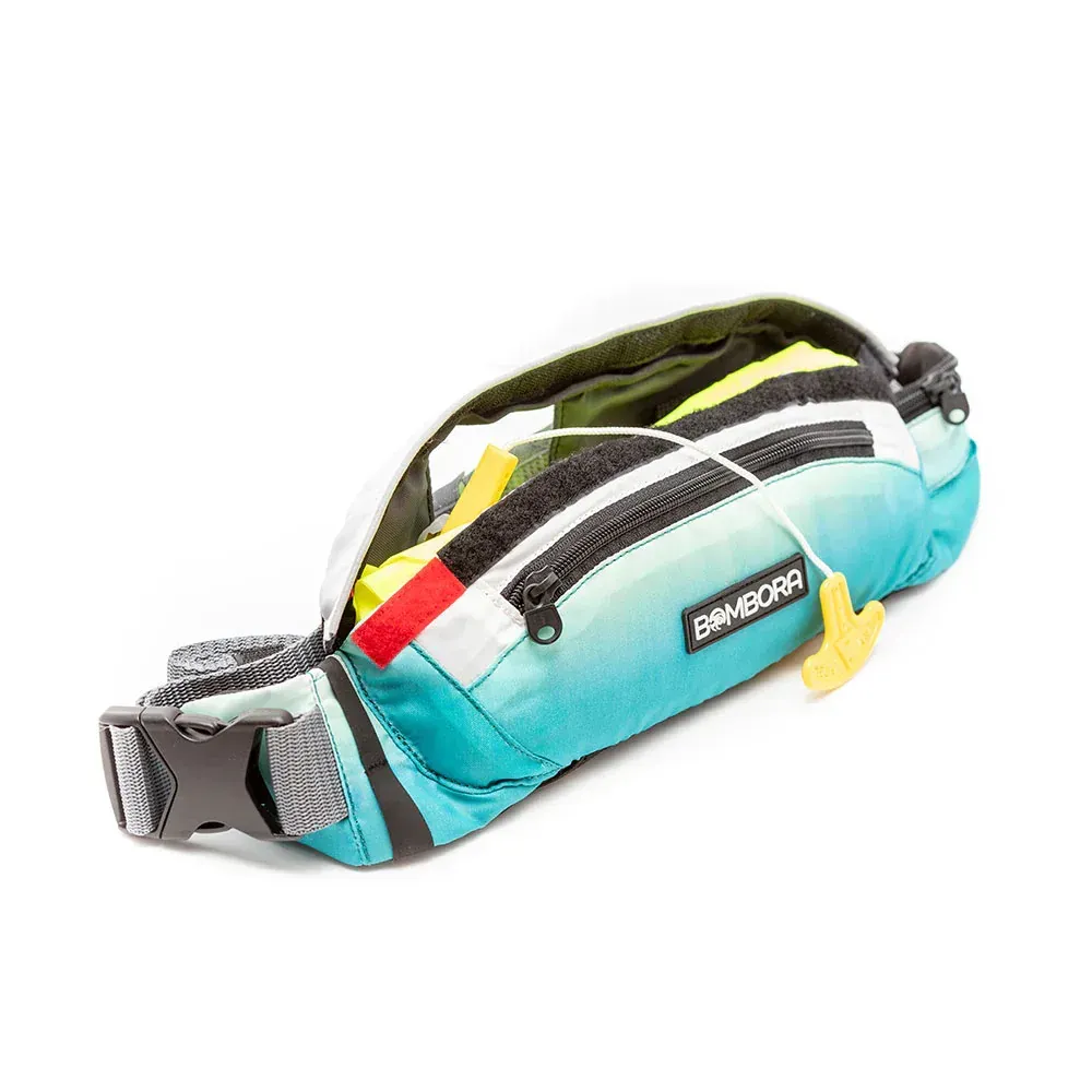 A blue waist bag with a yellow strap on a white background.