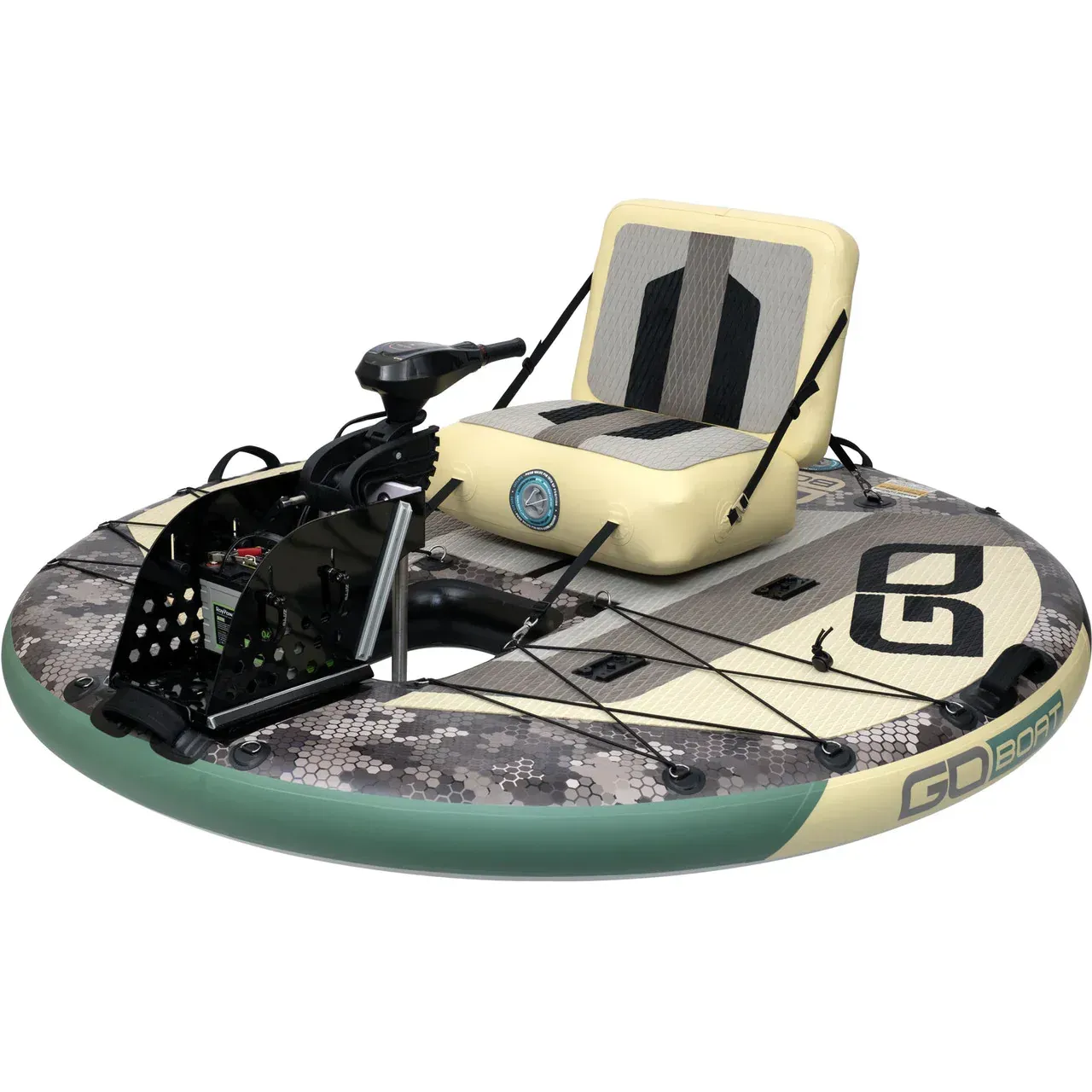 An inflatable boat with a seat and motor attached to it.