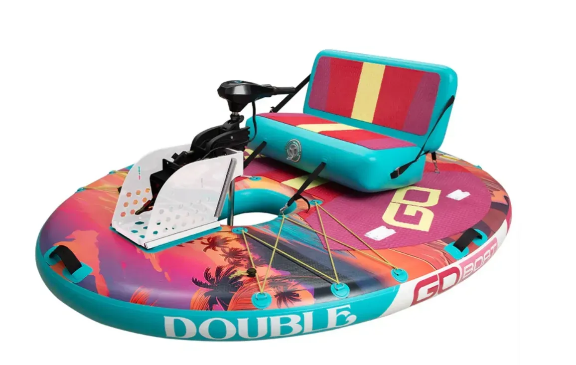 A double raft with a motor attached to it