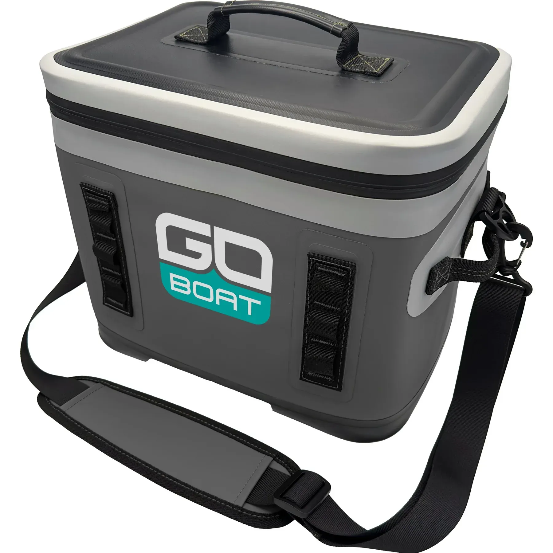 A go boat cooler with a handle and shoulder strap.