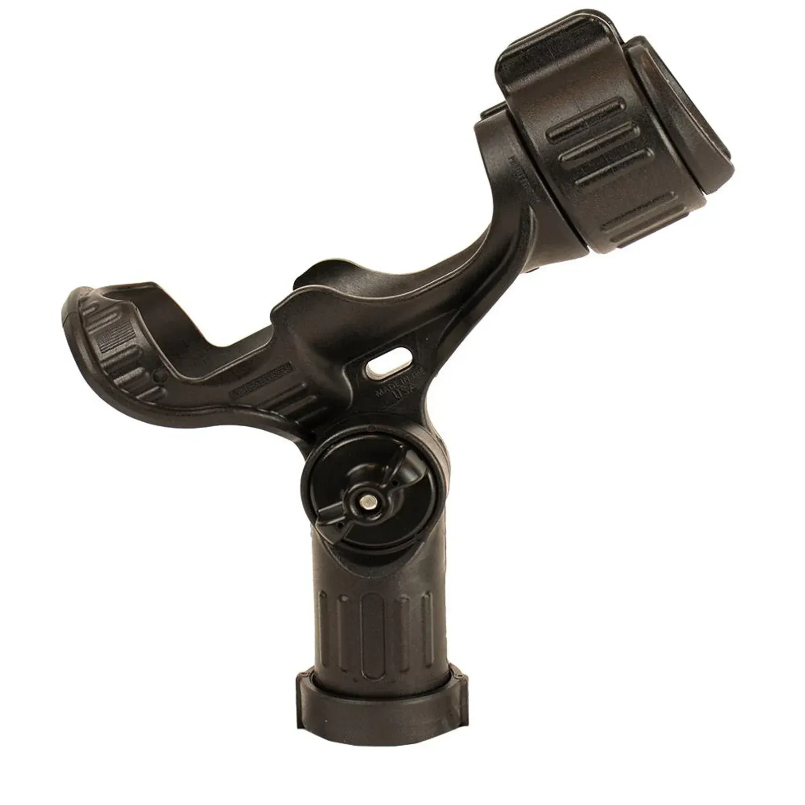 A close up of a black fishing rod holder on a white background.