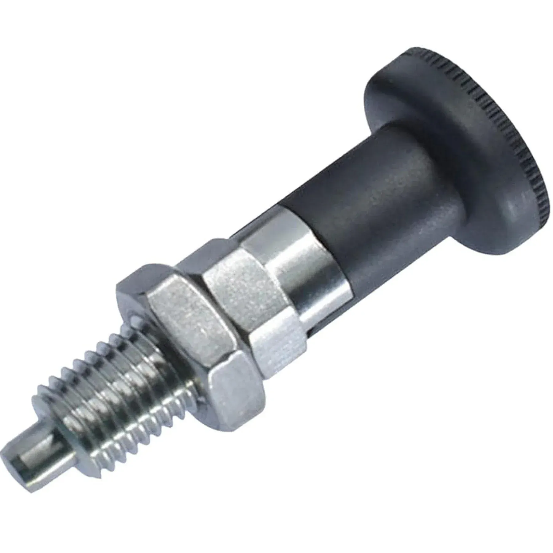 A close up of a nut and screw on a white background
