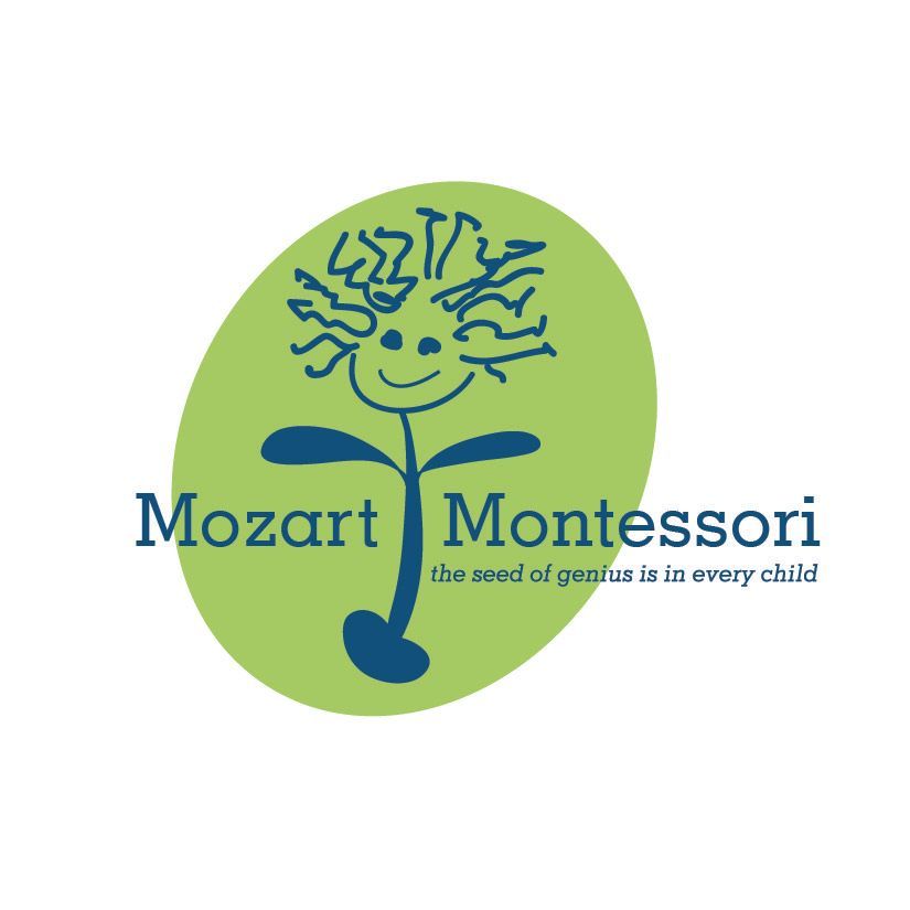 A mozart montessori logo with a tree with a face on it
