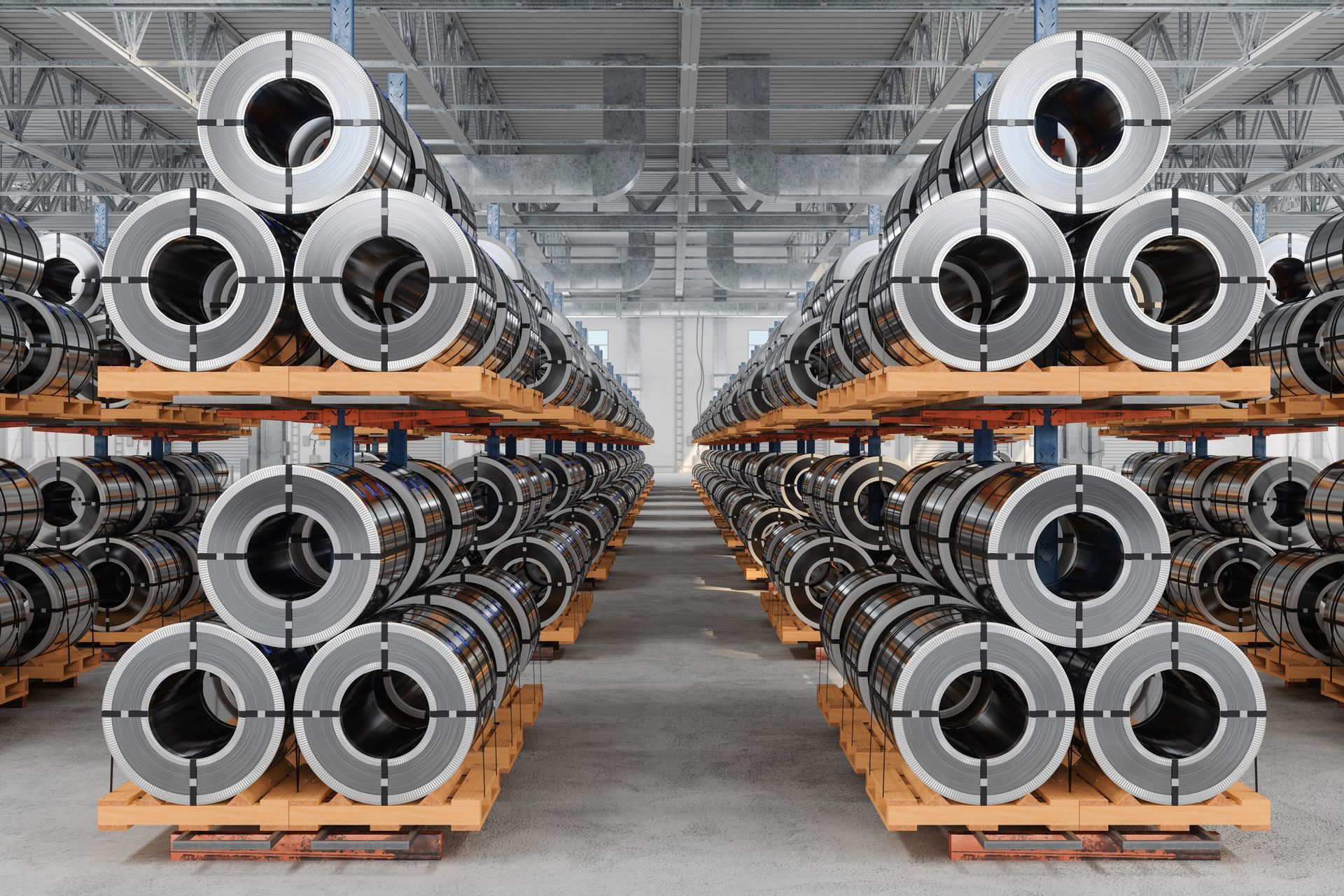 A warehouse filled with lots of metal rolls stacked on top of each other