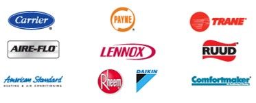 HVAC brand logos collage on a white background, including Carrier, Lennox, Trane, Rheem, and Daikin