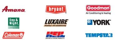 HVAC brand logos on a white background, including Amana, Bryant, Goodman, York, Coleman, Luxaire, Heil, and Tempstar