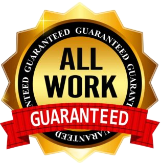 Red circular repair logo with blue center and white text reading “ALL WORK GUARANTEED”