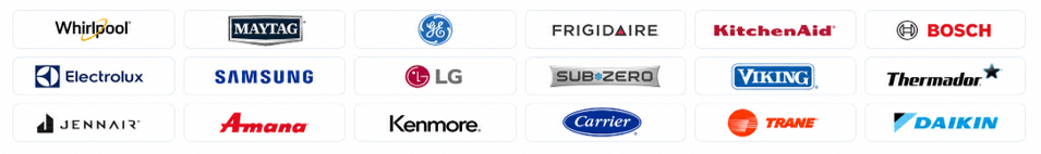 Company logos on a white background, including Whirlpool, Samsung, LG, Bosch, and others.