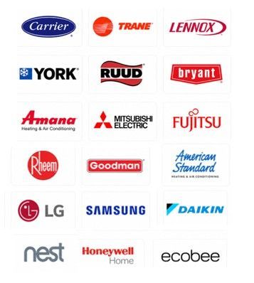Grid of HVAC brand logos, including Carrier, Trane, Lennox, York, Ruud, Bryant, LG, Samsung, Daikin, Nest, and Ecobee