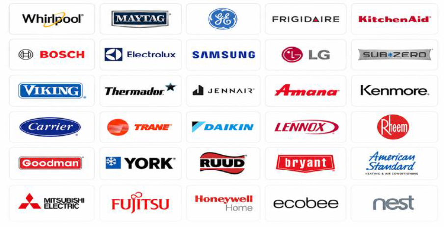 Collage of HVAC and appliance brand logos, including Whirlpool, Bosch, Samsung, LG, Carrier, Trane, and Nest.