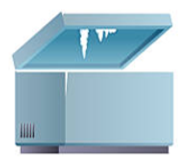 Open chest freezer with blue lid and frost inside