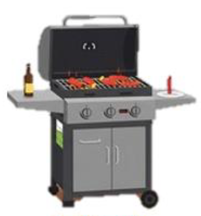 Black gas grill with open lid, side shelves, and a bottle and condiment on a cart-style stand.