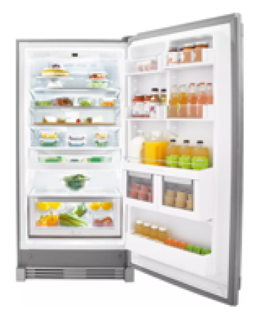 Open refrigerator filled with groceries, white interior, door shelves stocked with drinks and condiments.
