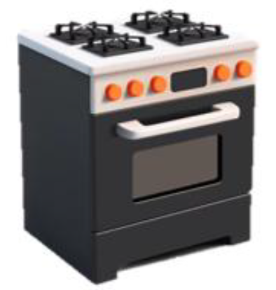 3D render of a black and white gas stove with orange knobs and oven door.
