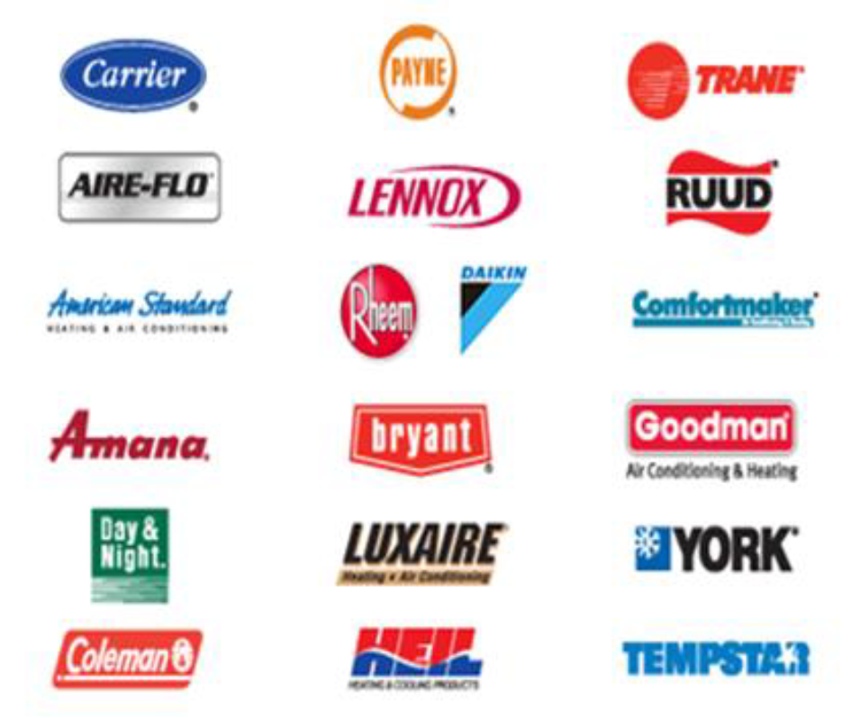 Collage of HVAC brand logos, including Carrier, Trane, Lennox, Rheem, Goodman, York, and Tempstar.