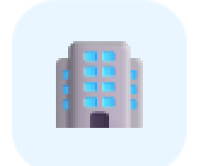 Gray office building icon with blue windows and a dark doorway on a light blue background