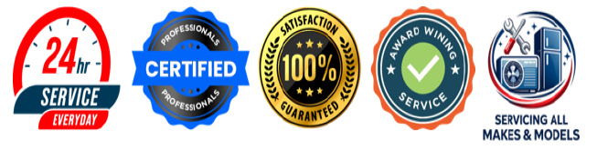 Row of service badges and logos: 24/7 Service, Certified, 100% Satisfaction, verified, and servicing all makes & models.