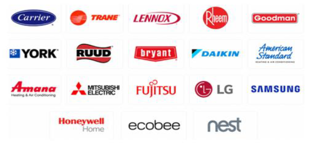 HVAC brand logos collage, including Carrier, Trane, Lennox, Rheem, Goodman, York, and Nest