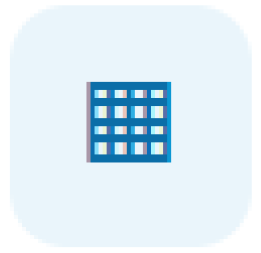 Blue building icon on a light blue rounded square background