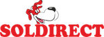Le logo de SolDirect représente une tête de chien rouge de dessin animé au-dessus d'un texte rouge en gras.
