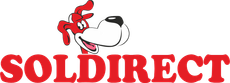 Le logo de SolDirect représente une tête de chien rouge de dessin animé au-dessus d'un texte rouge en gras.