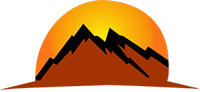 Black and orange sun over stylized mountain peaks and a curved horizon