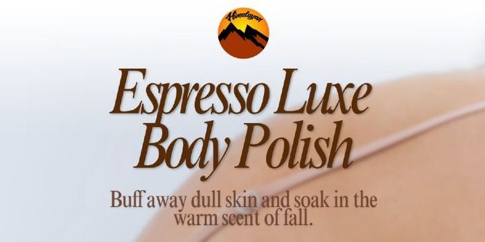 Espresso Luxe Body Polish product label with brown text and a small orange logo on a light background