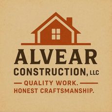 Logo for Alvear Construction: brown house icon above text, 