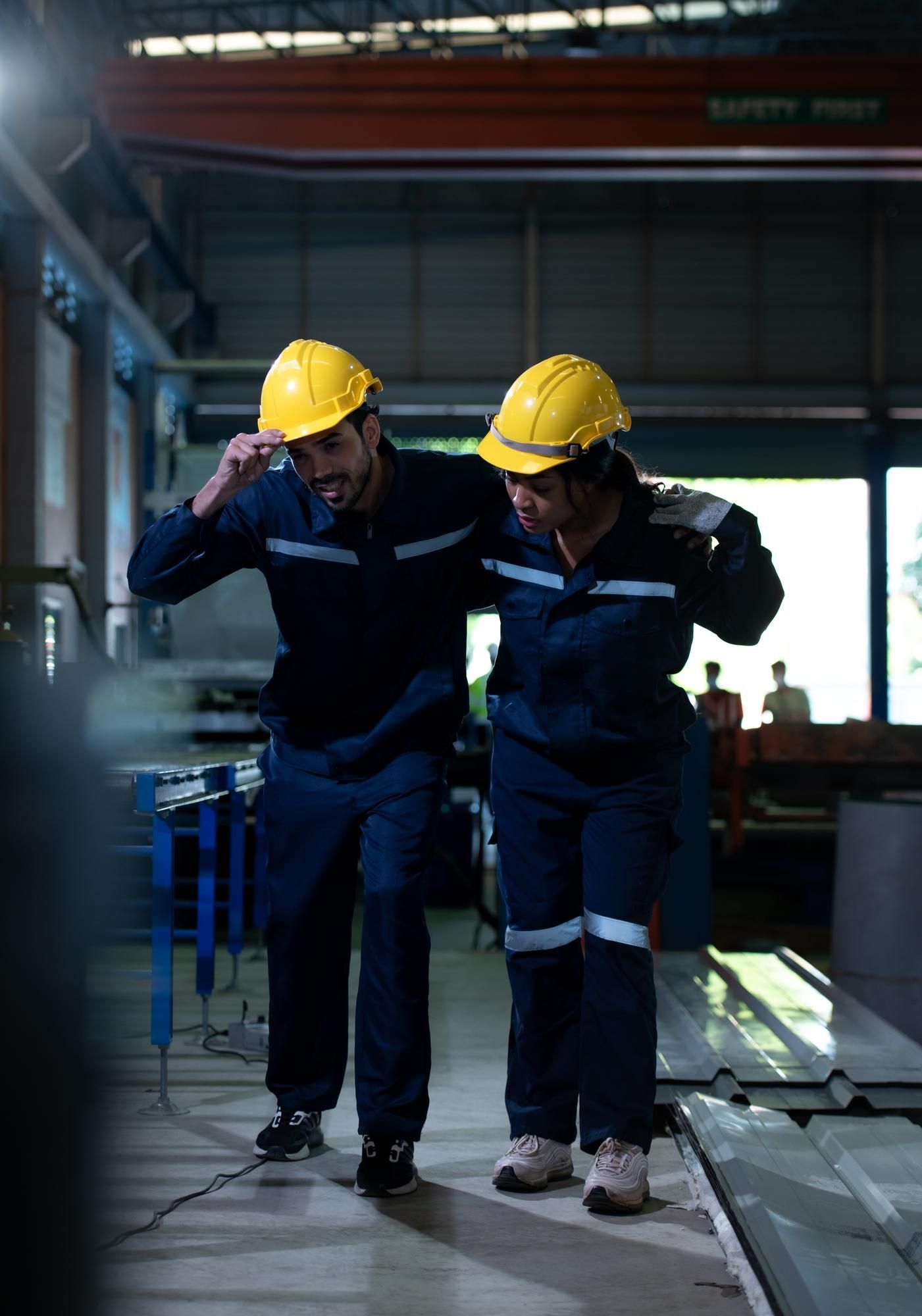 Two workers in blue overalls and yellow hard hats, one supporting the other while walking in a factory.