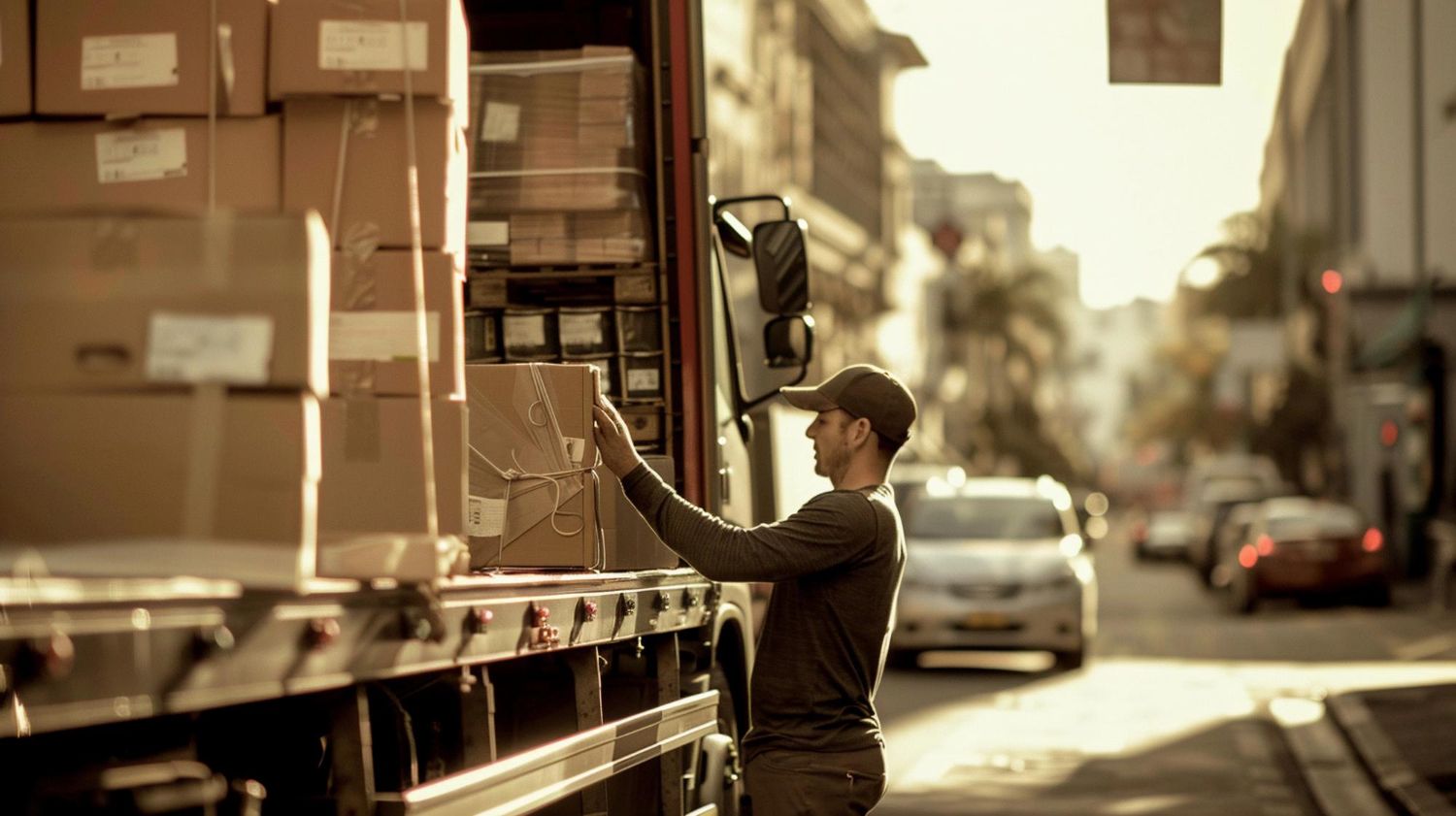 A person unloading boxes from a truck on a city street in sunlight.