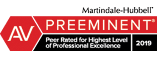 Martindale-Hubbell AV Preeminent rating for 2019. Red and black graphic with