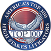 America's Top 100 High Stakes Litigators award logo with a soaring eagle and patriotic colors.