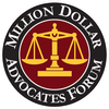 Million Dollar Advocates Forum logo with gold scales on a red and black circular seal