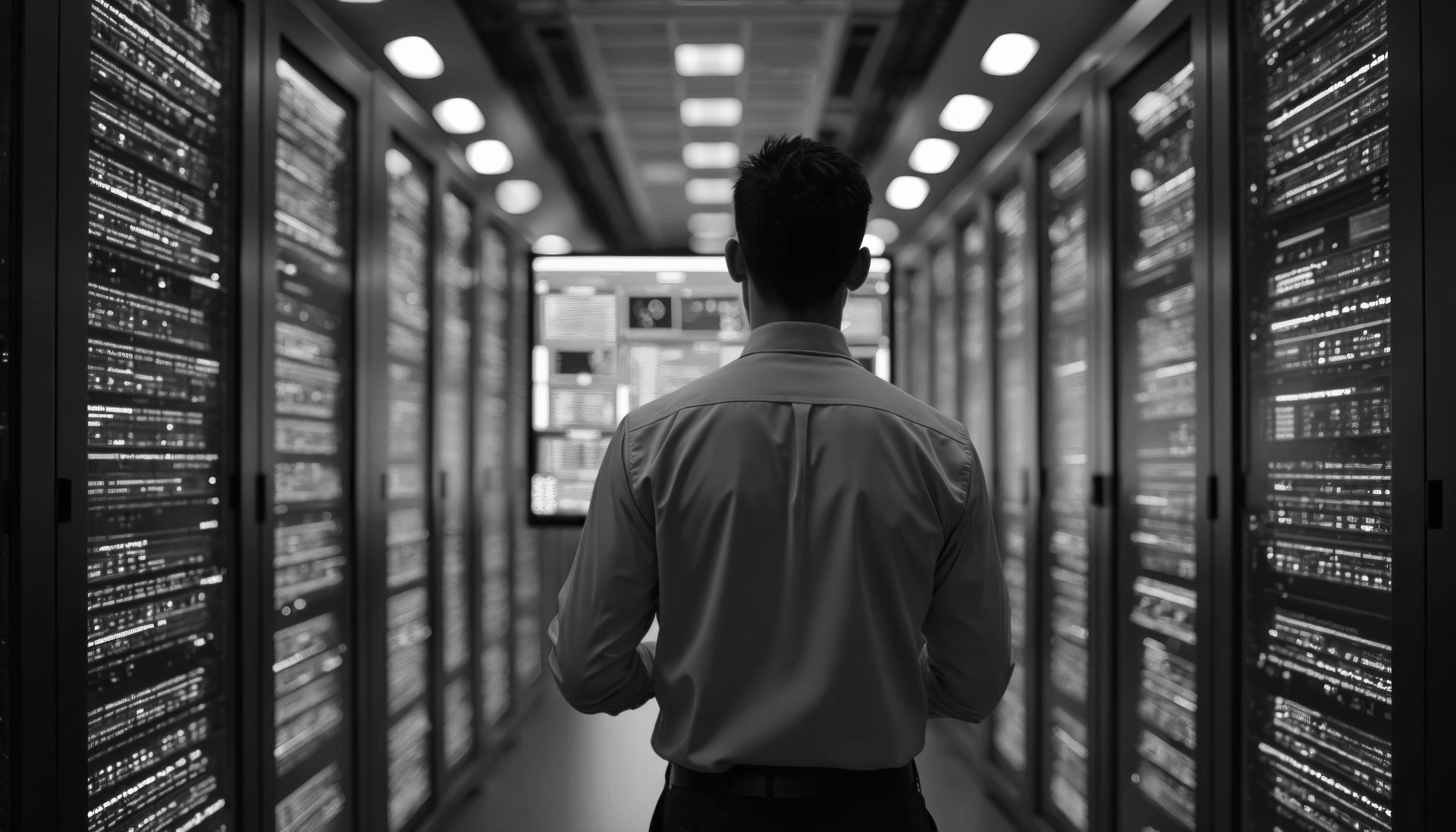 A person stands in a dimly lit server room, facing racks of equipment while looking at a monitor ahead.