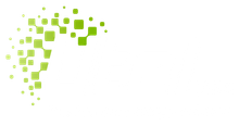 Abstract green pixel-like squares forming a curved trail on a white background