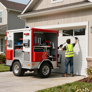 Worker using a drill on a garage door beside a red service truck in a suburban driveway