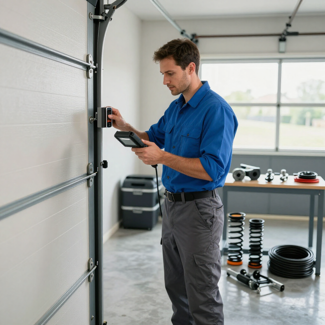 Technician using a tablet to inspect a garage door mechanism in a workshop