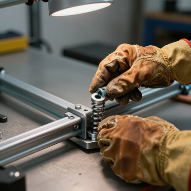 Gloved hands assembling a metal spring mechanism on a workbench under a lamp